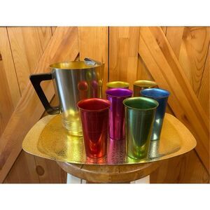 Regal Supreme Quality Aluminum Pitcher ,6 Glasses Multi Colored Platter (8452)